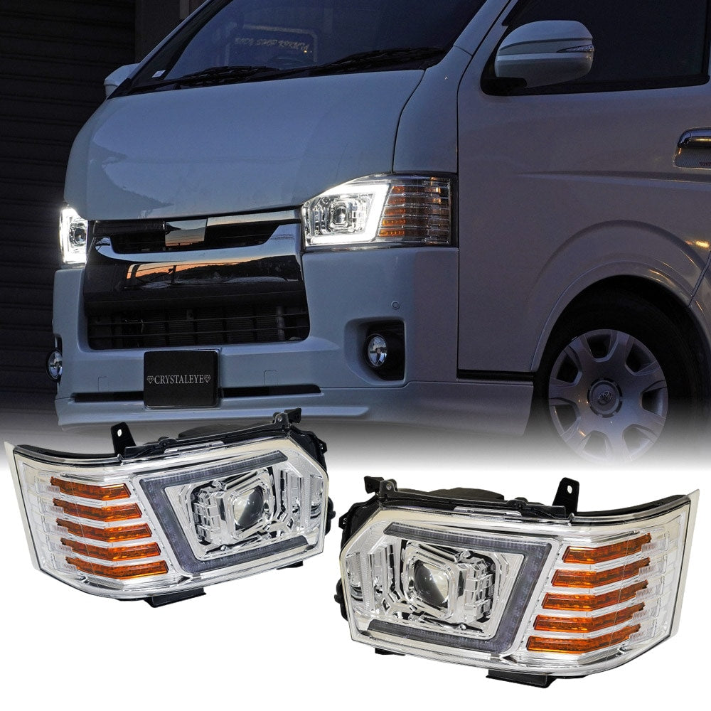 CRYSTAL EYE SEQUENTIAL TURN SIGNAL FULL LED HEADLIGHT V3 ORANGE TURN SIGNAL SPECIFICATION CHROME TYPE FOR TOYOTA HIACE 200 4TH TO 7TH GENERATION U069CR