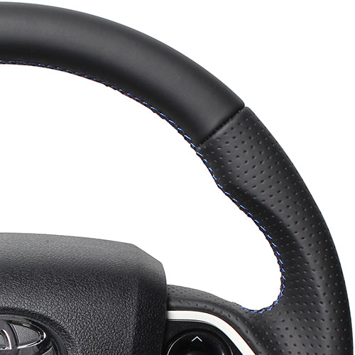 REAL PREMIUM SERIES SET BLACK NAPPA ALL LEATHER STEERING + PIANO BLACK UNDER PAD BLUE X BLACK EURO STITCH STEERING WHEEL FOR TOYOTA PRIUS 50  50P-LPB-BL-PBP