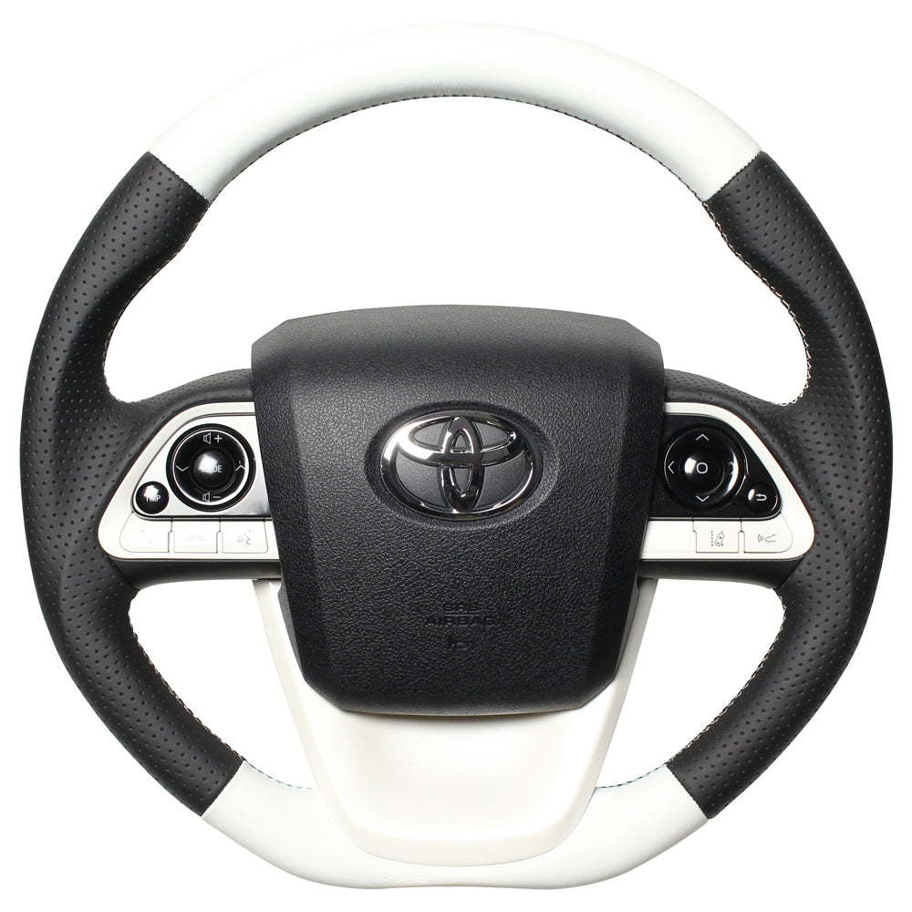 REAL PREMIUM SERIES D SHAPE WHITE & BLACK NAPPA ALL LEATHER WHITE X BLACK EURO STITCH STEERING WHEEL FOR TOYOTA PRIUS 50  50P-LPB-WH