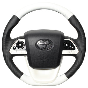 REAL PREMIUM SERIES D SHAPE WHITE & BLACK NAPPA ALL LEATHER WHITE X BLACK EURO STITCH STEERING WHEEL FOR TOYOTA PRIUS 50  50P-LPB-WH