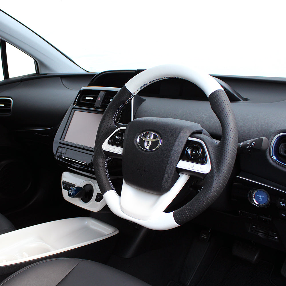 REAL PREMIUM SERIES D SHAPE WHITE & BLACK NAPPA ALL LEATHER WHITE X BLACK EURO STITCH STEERING WHEEL FOR TOYOTA PRIUS 50  50P-LPB-WH