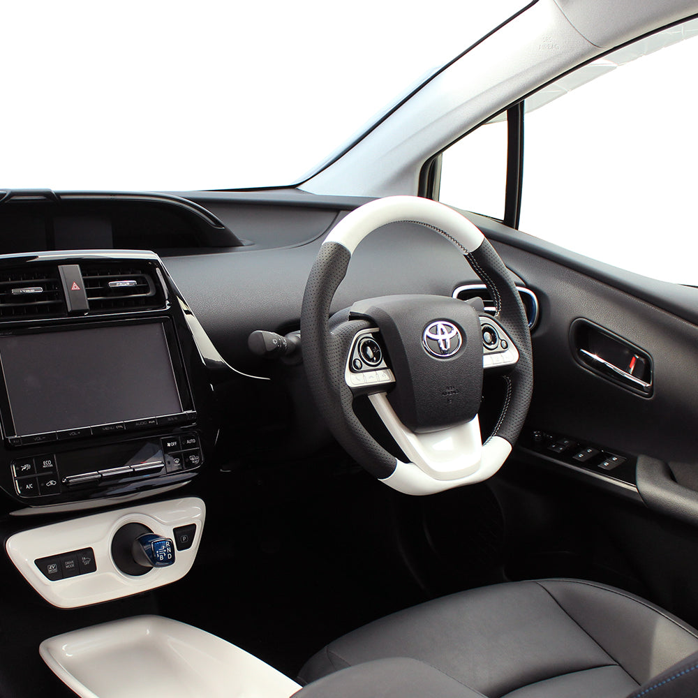 REAL PREMIUM SERIES D SHAPE WHITE & BLACK NAPPA ALL LEATHER WHITE X BLACK EURO STITCH STEERING WHEEL FOR TOYOTA PRIUS 50  50P-LPB-WH