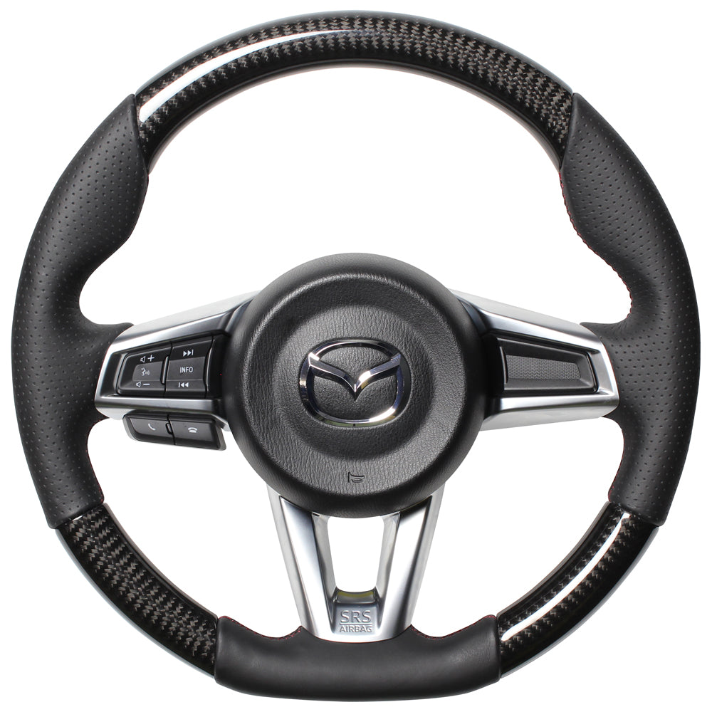 REAL ORIGINAL SERIES GUN GRIP SMALL DIAMETER D SHAPE BLACK CARBON DARK WINE X BLACK EURO STITCH STEERING WHEEL FOR MAZDA ROADSTER ND5RC  MZC-BKC-DW