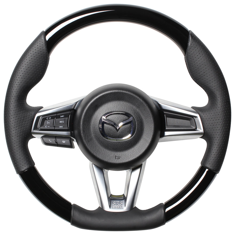 REAL ORIGINAL SERIES GUN GRIP SMALL DIAMETER D SHAPE PIANO BLACK BLACK EURO STITCH STEERING WHEEL FOR MAZDA ROADSTER ND5RC  MZC-PBW-BK