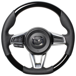 REAL ORIGINAL SERIES GUN GRIP SMALL DIAMETER D SHAPE PIANO BLACK BLACK EURO STITCH STEERING WHEEL FOR MAZDA ROADSTER RF NDERC  MZC-PBW-BK