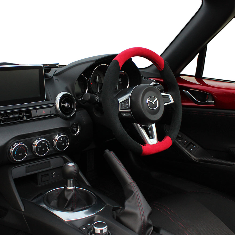 REAL ORIGINAL SERIES GUN GRIP SMALL DIAMETER D SHAPE RED & BLACK ULTRA SUEDE BLACK EURO STITCH STEERING WHEEL FOR MAZDA ROADSTER RF NDERC  MZC-ALC-BK