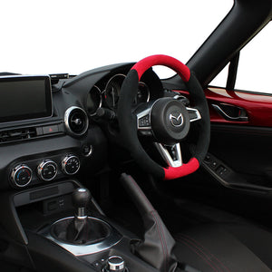 REAL ORIGINAL SERIES GUN GRIP SMALL DIAMETER D SHAPE RED & BLACK ULTRA SUEDE BLACK EURO STITCH STEERING WHEEL FOR MAZDA ROADSTER RF NDERC  MZC-ALC-BK