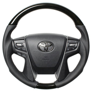 REAL PREMIUM SERIES ROUND SHAPE BLACK WOOD BLACK EURO STITCH STEERING WHEEL FOR TOYOTA ALPHARD 30  H30P-BKW-BK