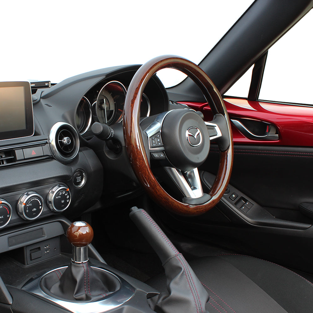 REAL ORIGINAL SERIES ALL WOOD ROUND SHAPE 16 DARK BROWN WOOD BLACK EURO STITCH STEERING WHEEL FOR MAZDA ROADSTER ND5RC  MZCW-BRW-BK