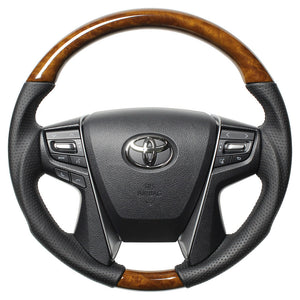 REAL PREMIUM SERIES ROUND SHAPE 42 BROWN WOOD BLACK EURO STITCH STEERING WHEEL FOR TOYOTA VELLFIRE 30  H30P-LBW-BK