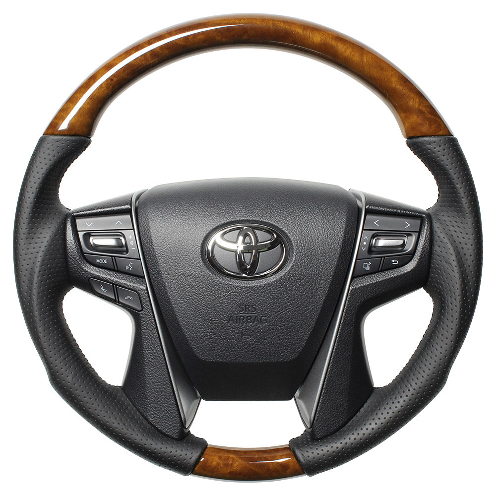 REAL PREMIUM SERIES ROUND SHAPE 42 BROWN WOOD BLACK EURO STITCH STEERING WHEEL FOR TOYOTA CROWN MAJESTA 210  H30P-LBW-BK