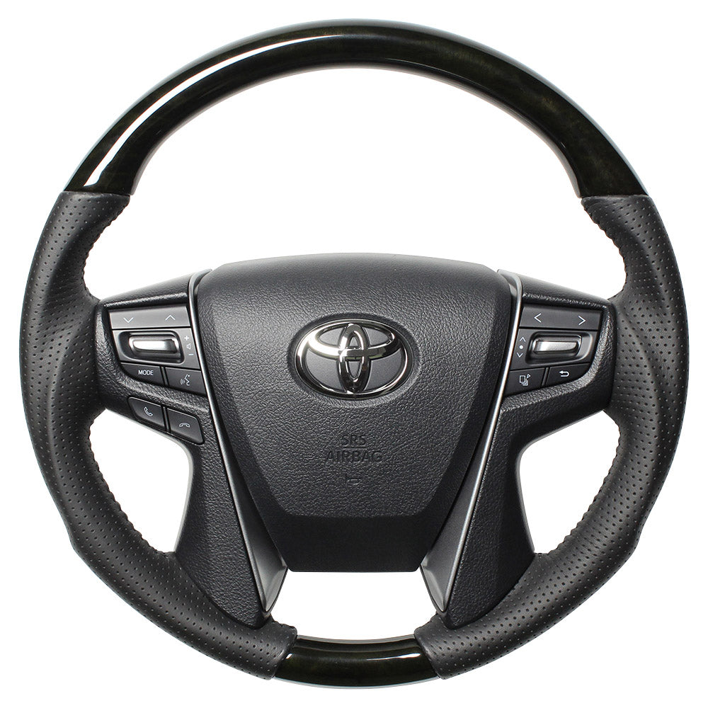 REAL ORIGINAL SERIES ROUND SHAPE BLACK WOOD BLACK STITCH STEERING WHEEL FOR TOYOTA VELLFIRE 30  H30-BKW-BK