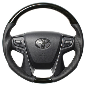 REAL ORIGINAL SERIES ROUND SHAPE BLACK WOOD BLACK STITCH STEERING WHEEL FOR TOYOTA VELLFIRE 30  H30-BKW-BK
