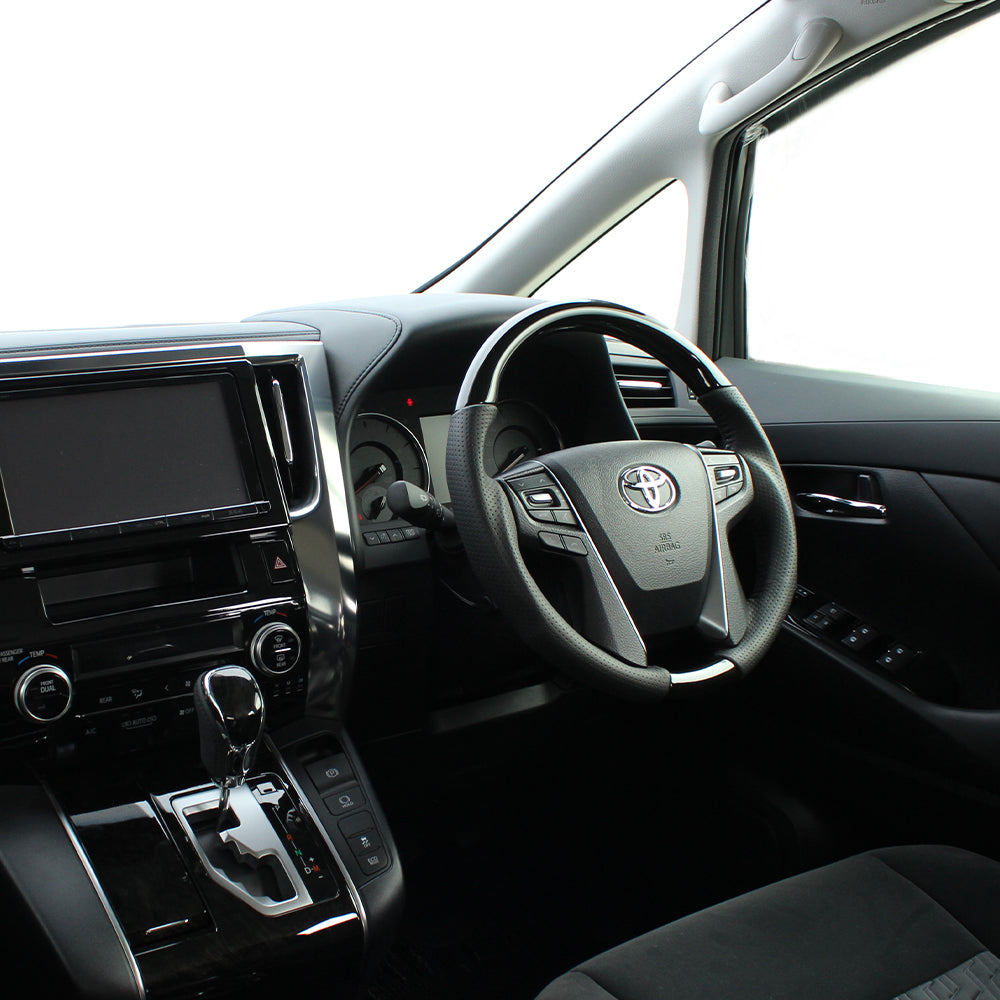 REAL ORIGINAL SERIES ROUND SHAPE BLACK WOOD BLACK STITCH STEERING WHEEL FOR TOYOTA VELLFIRE 30  H30-BKW-BK