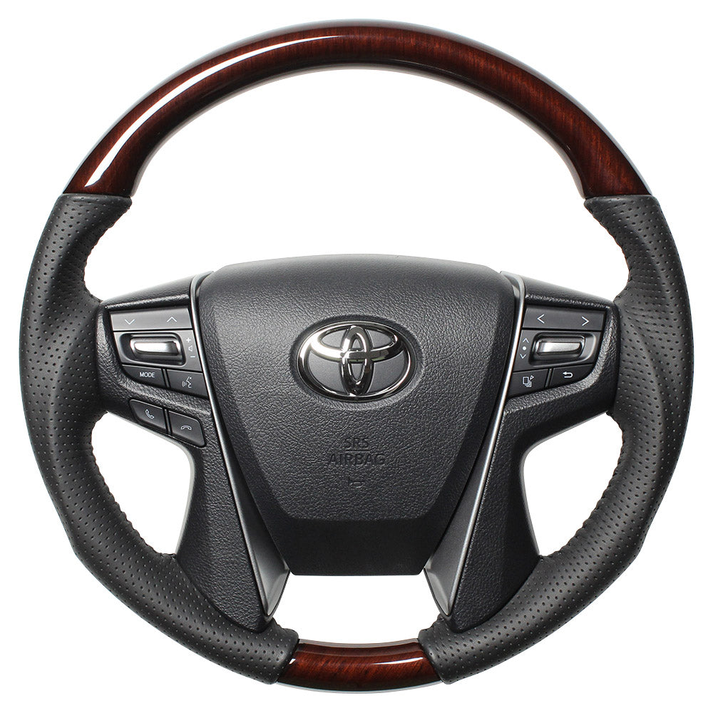 REAL ORIGINAL SERIES ROUND SHAPE 56 BROWN WOOD BLACK STITCH STEERING WHEEL FOR TOYOTA CROWN MAJESTA 210  H30-BRW-BK