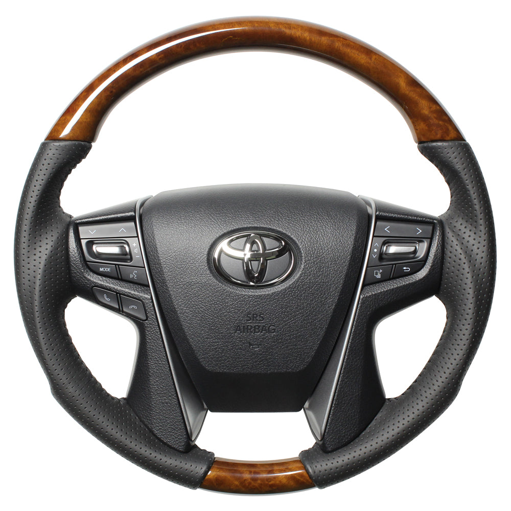 REAL ORIGINAL SERIES ROUND SHAPE 42 BROWN WOOD BLACK STITCH STEERING WHEEL FOR TOYOTA CROWN MAJESTA 210  H30-LBW-BK