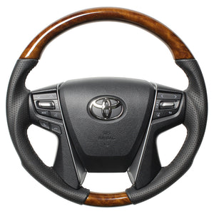 REAL ORIGINAL SERIES ROUND SHAPE 42 BROWN WOOD BLACK STITCH STEERING WHEEL FOR TOYOTA CROWN MAJESTA 210  H30-LBW-BK