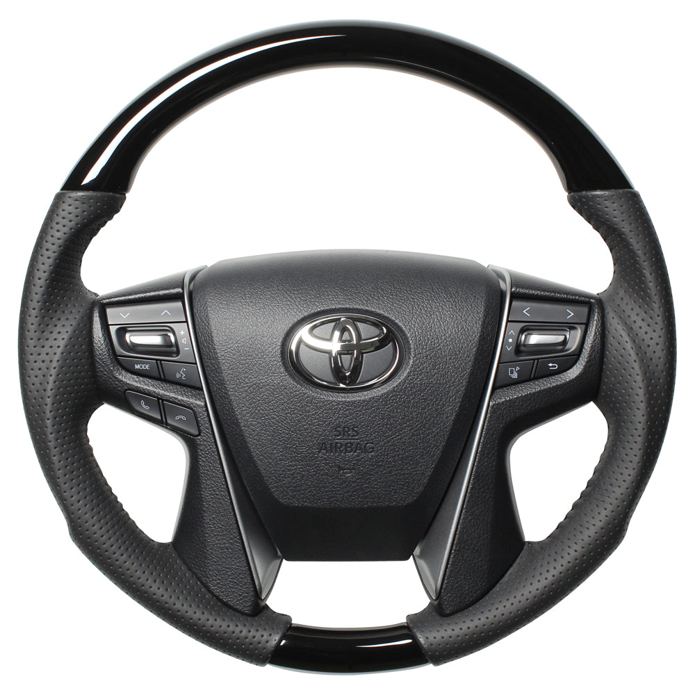 REAL ORIGINAL SERIES ROUND SHAPE PIANO BLACK BLACK STITCH STEERING WHEEL FOR TOYOTA CROWN MAJESTA 210  H30-PBW-BK