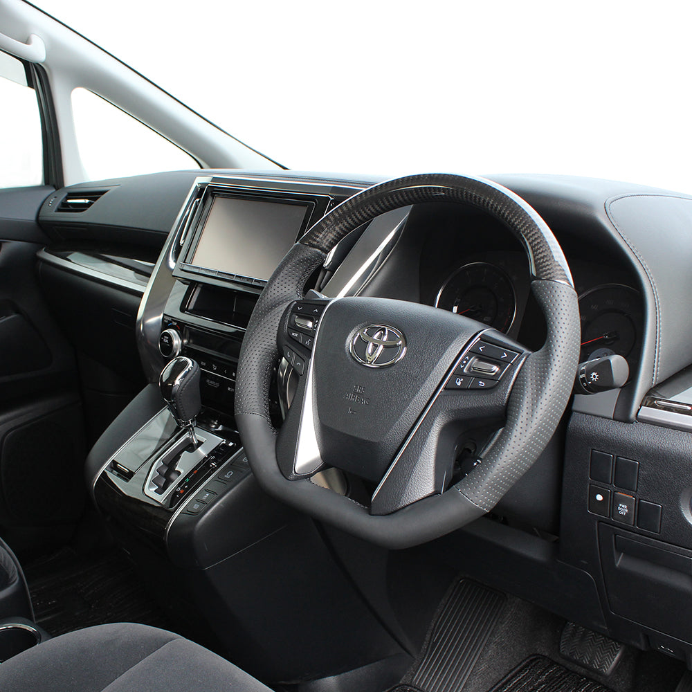 REAL PREMIUM SERIES D SHAPE BLACK CARBON BLACK EURO STITCH STEERING WHEEL FOR TOYOTA VELLFIRE 30  S210-BKC-BK