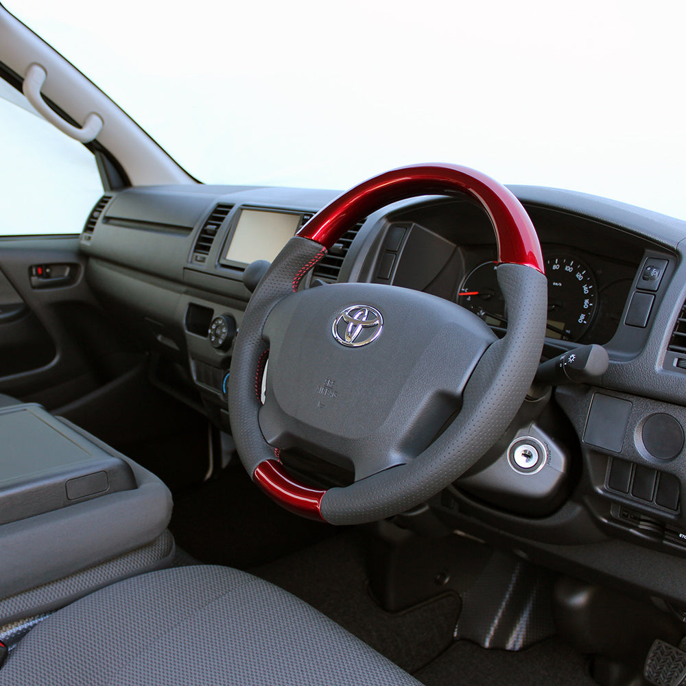 REAL ORIGINAL SERIES GUN GRIP SMALL DIAMETER ROUND SHAPE PEARL RED RED X BLACK EURO STITCH STEERING WHEEL FOR TOYOTA HIACE 200 : 4 TYPE OR KOUKI  H214-RDW-RD