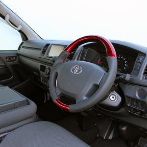 REAL ORIGINAL SERIES GUN GRIP SMALL DIAMETER ROUND SHAPE PEARL RED RED X BLACK EURO STITCH STEERING WHEEL FOR TOYOTA HIACE 200 : 4 TYPE OR KOUKI  H214-RDW-RD