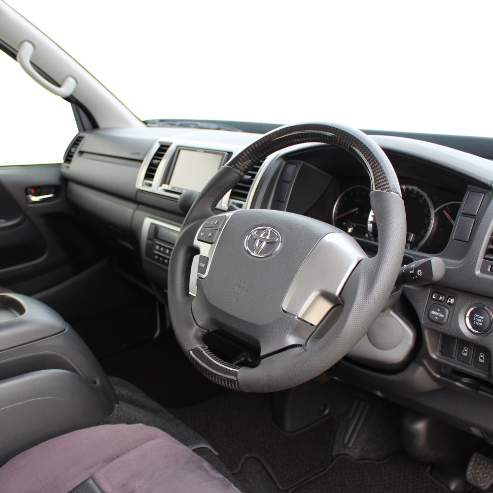 REAL ORIGINAL SERIES GUN GRIP GENUINE SAME DIAMETER ROUND SHAPE BLACK CARBON BLACK EURO STITCH STEERING WHEEL FOR TOYOTA HIACE 200 : 4 TYPE OR KOUKI  H204-BKC-BK