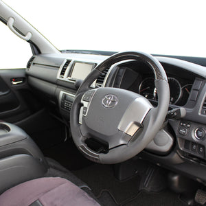 REAL ORIGINAL SERIES GUN GRIP GENUINE SAME DIAMETER ROUND SHAPE BLACK CARBON BLACK EURO STITCH STEERING WHEEL FOR TOYOTA HIACE 200 : 4 TYPE OR KOUKI  H204-BKC-BK