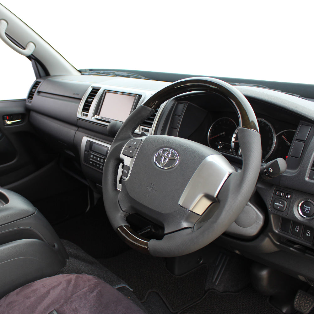 REAL ORIGINAL SERIES GUN GRIP GENUINE SAME DIAMETER ROUND SHAPE BLACK WOOD BLACK EURO STITCH STEERING WHEEL FOR TOYOTA REGIUS ACE 200 : 4 TYPE OR KOUKI  H204-BKW-BK