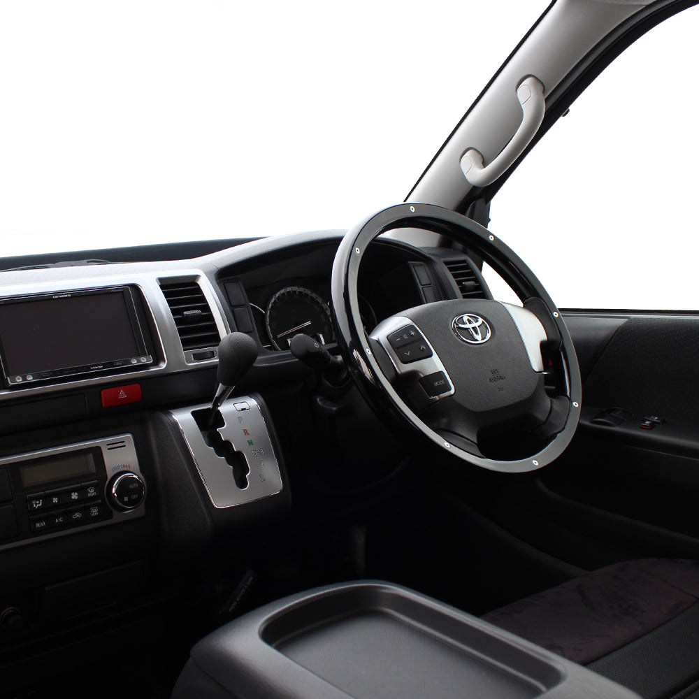 REAL ORIGINAL SERIES ALL WOOD ROUND SHAPE PIANO BLACK STUDS BLACK EURO STITCH STEERING WHEEL FOR TOYOTA REGIUS ACE 200 : 4 TYPE OR KOUKI  J200-PBWM-BK