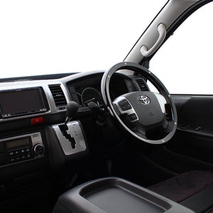 REAL ORIGINAL SERIES ALL WOOD ROUND SHAPE PIANO BLACK STUDS BLACK EURO STITCH STEERING WHEEL FOR TOYOTA REGIUS ACE 200 : 4 TYPE OR KOUKI  J200-PBWM-BK