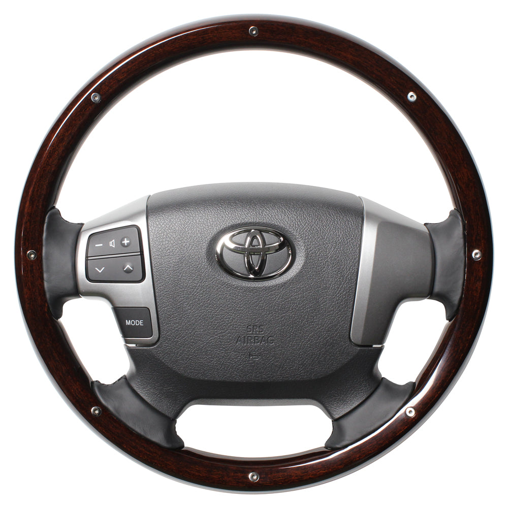 REAL ORIGINAL SERIES ALL WOOD ROUND SHAPE DARK BROWN WOOD STUDS BLACK EURO STITCH STEERING WHEEL FOR TOYOTA HIACE 200 : 4 TYPE OR KOUKI  J200-BRWM-BK