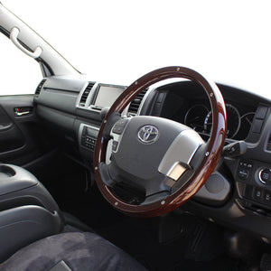 REAL ORIGINAL SERIES ALL WOOD ROUND SHAPE DARK BROWN WOOD STUDS BLACK EURO STITCH STEERING WHEEL FOR TOYOTA HIACE 200 : 4 TYPE OR KOUKI  J200-BRWM-BK