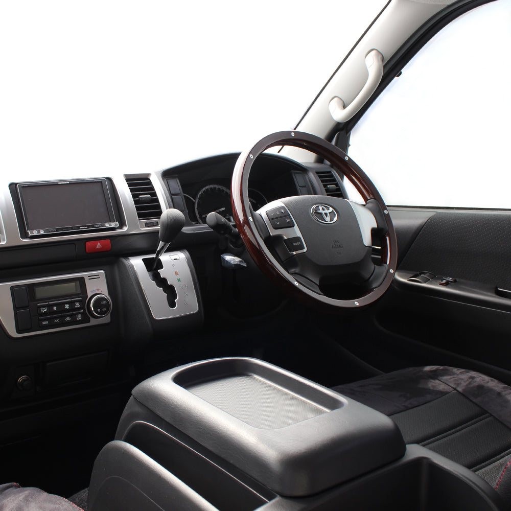 REAL ORIGINAL SERIES ALL WOOD ROUND SHAPE DARK BROWN WOOD STUDS BLACK EURO STITCH STEERING WHEEL FOR TOYOTA HIACE 200 : 4 TYPE OR KOUKI  J200-BRWM-BK