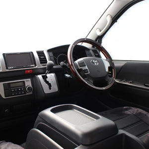 REAL ORIGINAL SERIES ALL WOOD ROUND SHAPE DARK BROWN WOOD STUDS BLACK EURO STITCH STEERING WHEEL FOR TOYOTA HIACE 200 : 4 TYPE OR KOUKI  J200-BRWM-BK