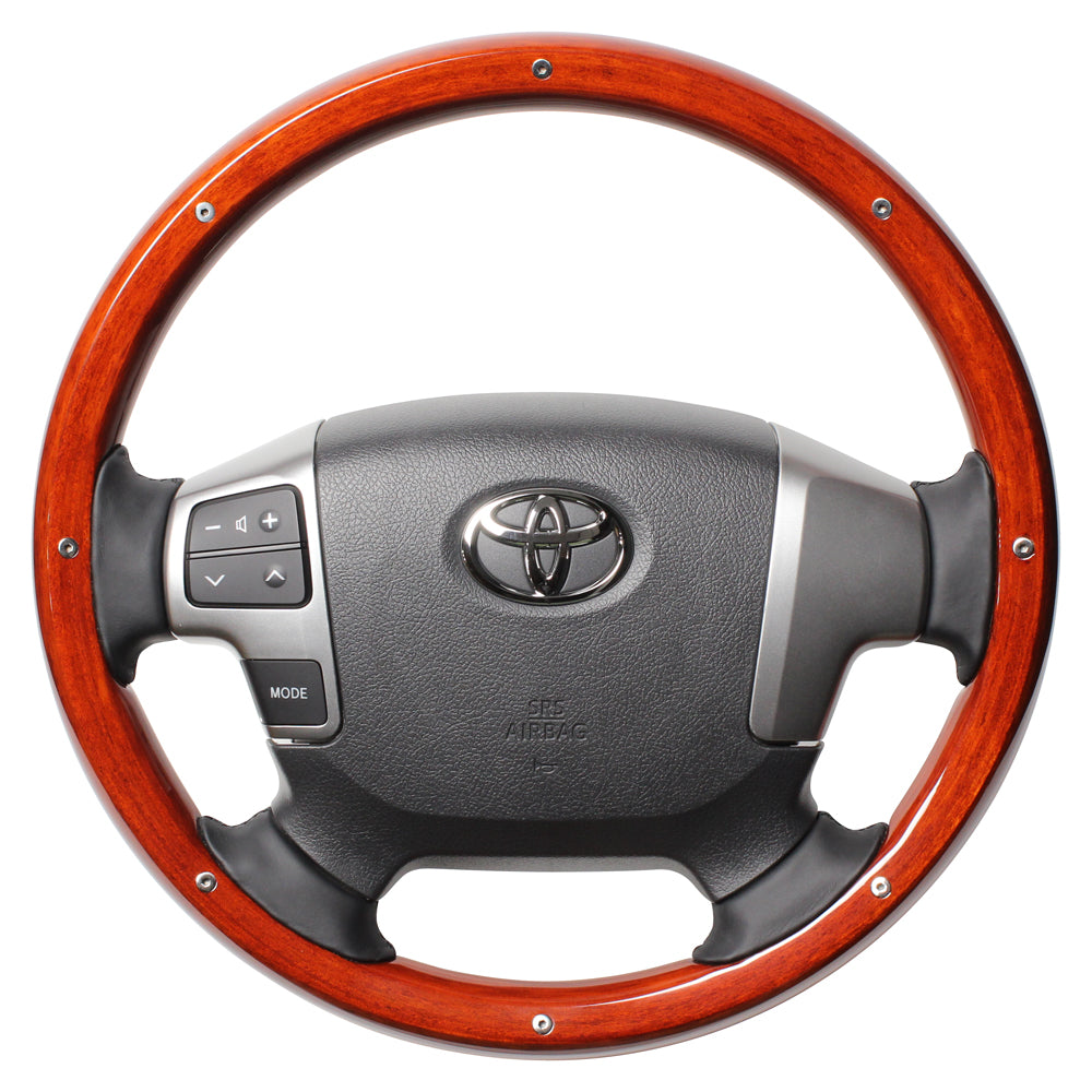 REAL ORIGINAL SERIES ALL WOOD ROUND SHAPE LIGHT BROWN WOOD STUDS BLACK EURO STITCH STEERING WHEEL FOR TOYOTA HIACE 200 : 4 TYPE OR KOUKI  J200-LBWM-BK