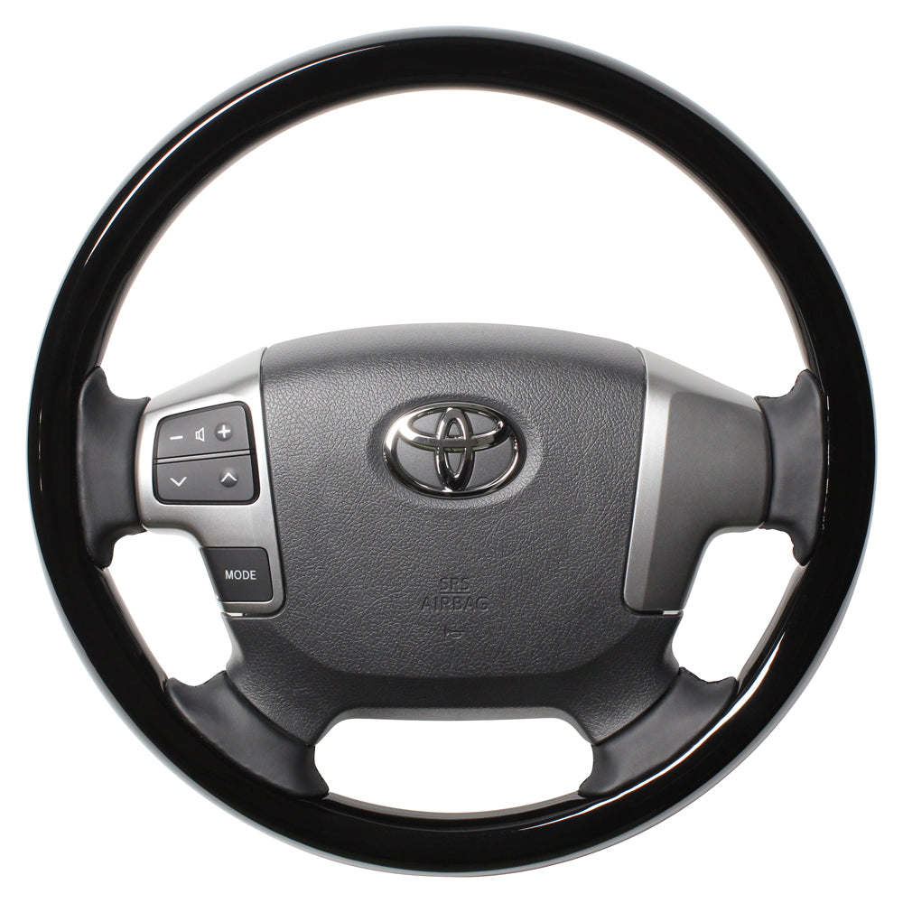 REAL ORIGINAL SERIES ALL WOOD ROUND SHAPE PIANO BLACK BLACK EURO STITCH STEERING WHEEL FOR TOYOTA HIACE 200 : 4 TYPE OR KOUKI  J200-PBW-BK