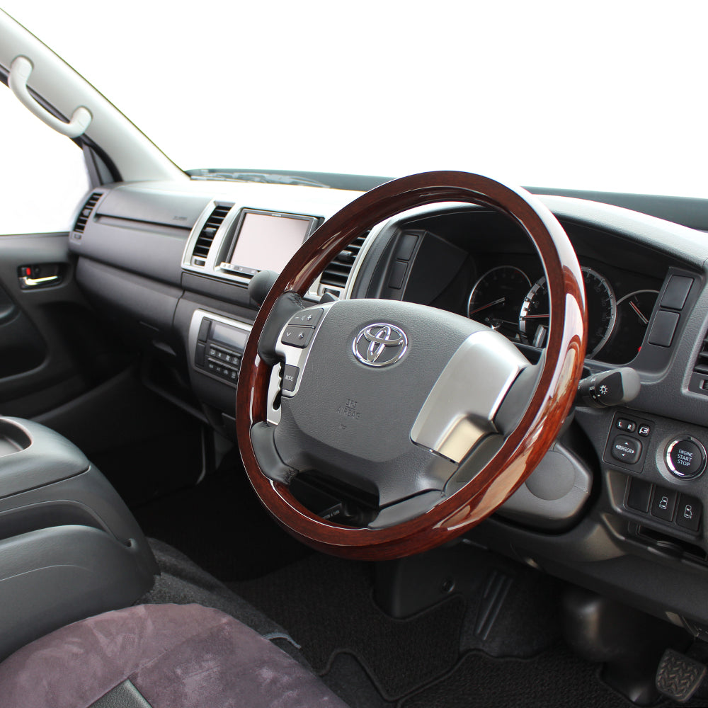 REAL ORIGINAL SERIES ALL WOOD ROUND SHAPE DARK BROWN WOOD BLACK EURO STITCH STEERING WHEEL FOR TOYOTA HIACE 200 : 4 TYPE OR KOUKI  J200-BRW-BK