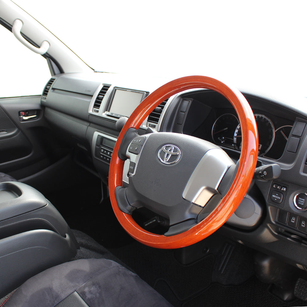 REAL ORIGINAL SERIES ALL WOOD ROUND SHAPE LIGHT BROWN WOOD BLACK EURO STITCH STEERING WHEEL FOR TOYOTA HIACE 200 : 4 TYPE OR KOUKI  J200-LBW-BK