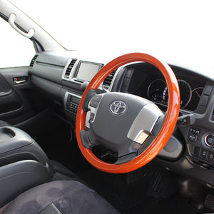 REAL ORIGINAL SERIES ALL WOOD ROUND SHAPE LIGHT BROWN WOOD BLACK EURO STITCH STEERING WHEEL FOR TOYOTA HIACE 200 : 4 TYPE OR KOUKI  J200-LBW-BK
