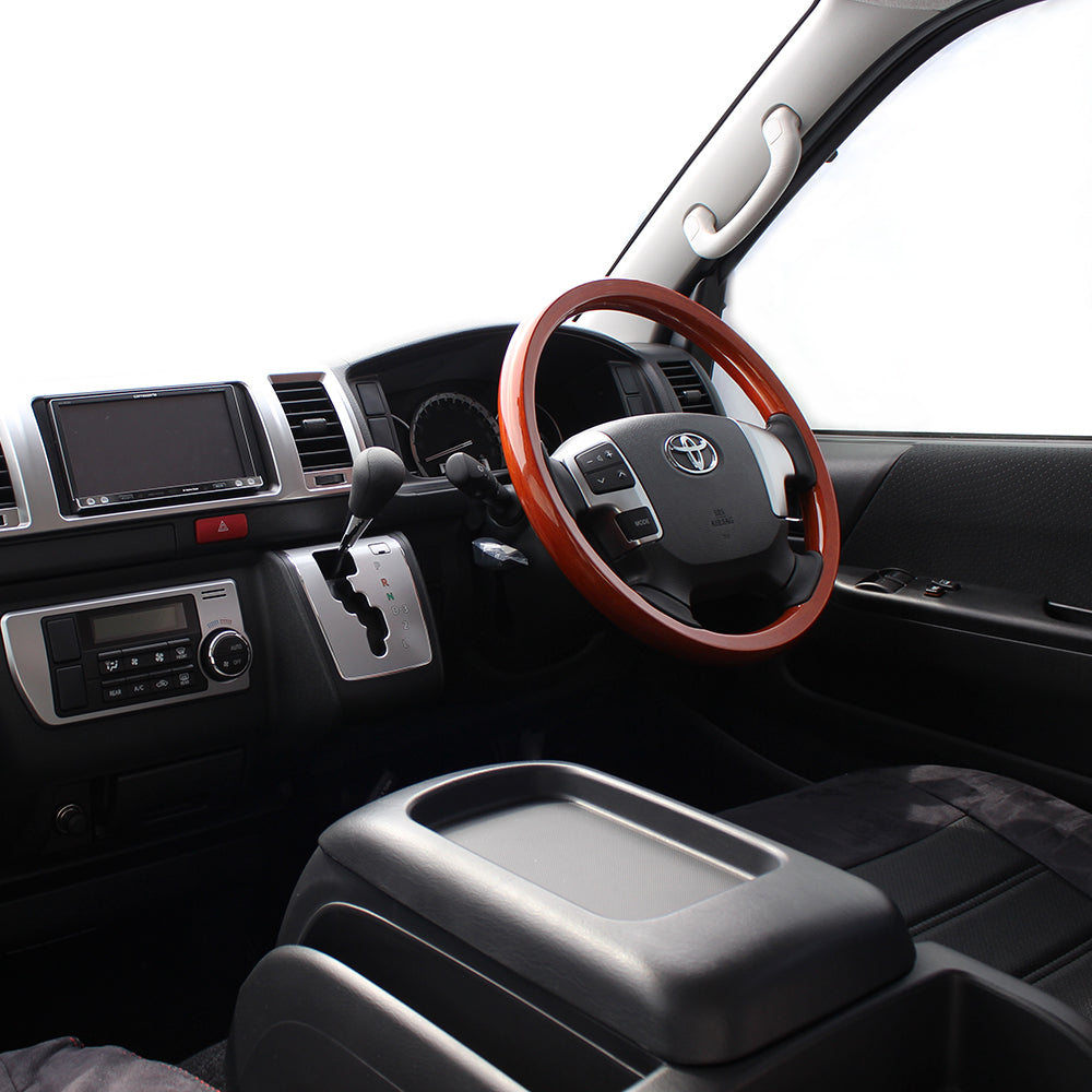 REAL ORIGINAL SERIES ALL WOOD ROUND SHAPE LIGHT BROWN WOOD BLACK EURO STITCH STEERING WHEEL FOR TOYOTA HIACE 200 : 4 TYPE OR KOUKI  J200-LBW-BK