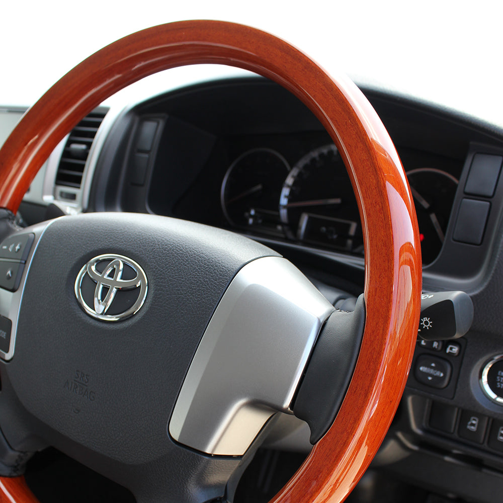 REAL ORIGINAL SERIES ALL WOOD ROUND SHAPE LIGHT BROWN WOOD BLACK EURO STITCH STEERING WHEEL FOR TOYOTA HIACE 200 : 4 TYPE OR KOUKI  J200-LBW-BK