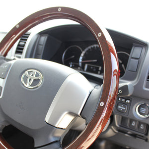REAL ORIGINAL SERIES ALL WOOD ROUND SHAPE DARK BROWN WOOD STUDS BLACK EURO STITCH STEERING WHEEL FOR TOYOTA HIACE 200 : 4 TYPE OR KOUKI  J200-BRWM-BK