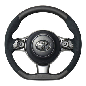 REAL ORIGINAL SERIES D SHAPE BLACK LEATHER & BLACK ULTRA SUEDE BLACK EURO STITCH STEERING WHEEL FOR TOYOTA AQUA GR SPORT 17 INCH PACKAGE 10  GR-ALC-BK