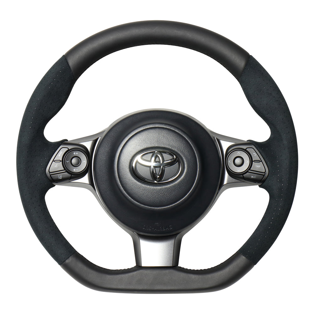 REAL ORIGINAL SERIES D SHAPE BLACK LEATHER & BLACK ULTRA SUEDE BLACK EURO STITCH STEERING WHEEL FOR TOYOTA NOAH GR SPORT 80  GR-ALC-BK
