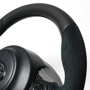 REAL ORIGINAL SERIES D SHAPE BLACK LEATHER & BLACK ULTRA SUEDE BLACK EURO STITCH STEERING WHEEL FOR TOYOTA AQUA GR SPORT 17 INCH PACKAGE 10  GR-ALC-BK
