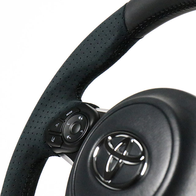 REAL ORIGINAL SERIES D SHAPE BLACK LEATHER & BLACK ULTRA SUEDE BLACK EURO STITCH STEERING WHEEL FOR TOYOTA VOXY GR SPORT 80  GR-ALC-BK