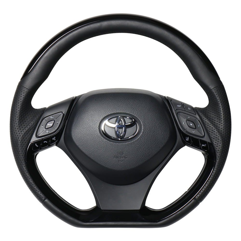 REAL ORIGINAL SERIES PLATE TYPE PIANO BLACK PLATE & PIANO BLACK PANEL BLACK EURO STITCH STEERING WHEEL FOR TOYOTA C-HR 10 50  X10N-PBP-PBP
