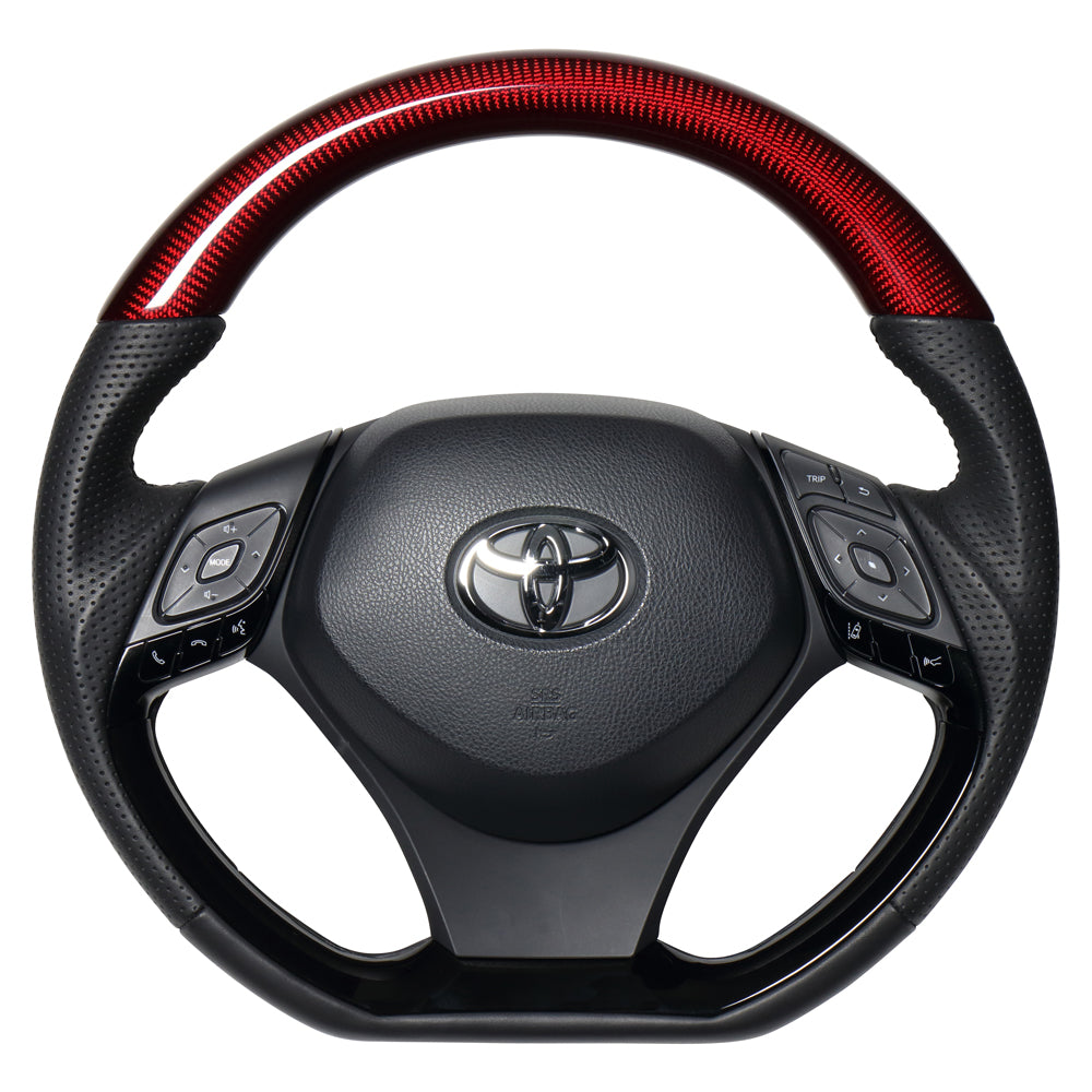 REAL ORIGINAL SERIES COMBINATION TYPE RED CARBON & PIANO BLACK PANEL BLACK EURO STITCH STEERING WHEEL FOR TOYOTA C-HR 10 50  X10-RDC-PBP
