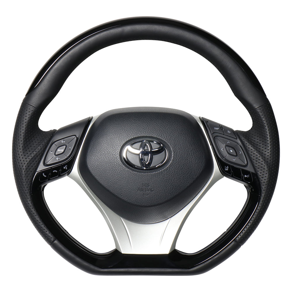 REAL ORIGINAL SERIES SET PLATE TYPE + UNDER PAD SET PIANO BLACK PLATE STEERING + SILVER UNDER PAD BLACK EURO STITCH STEERING WHEEL FOR TOYOTA C-HR 10 50  X10N-PBP-PBP-SLP