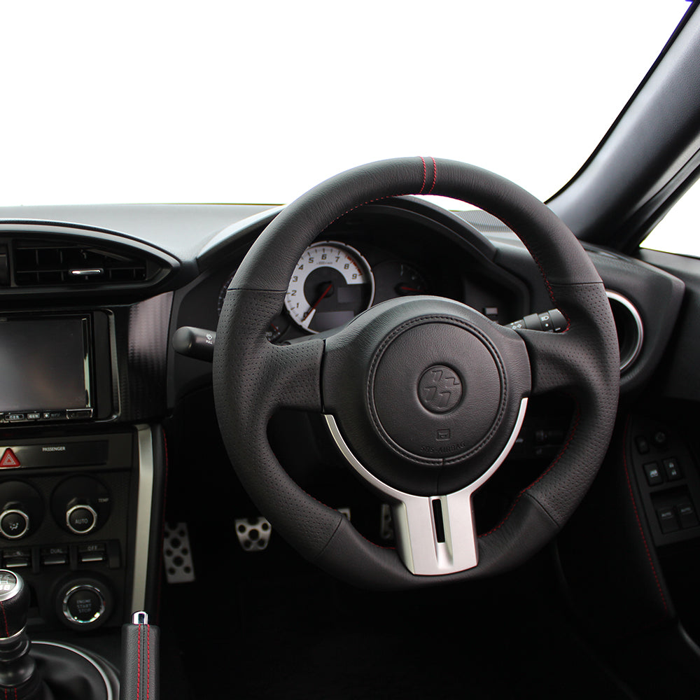 REAL PREMIUM SERIES D SHAPE NAPPA ALL LEATHER BLACK X RED EURO STITCH STEERING WHEEL FOR SUBARU BRZ ZC6:ZENKI  F4-D-LPB